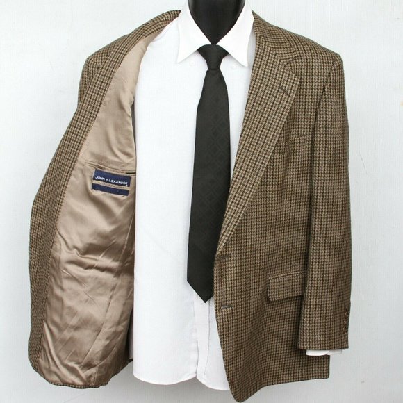 Vintage John Alexander Brown Lambs Wool Houndstooth 2 Button Sport Coat Mens 42R - Picture 4 of 11